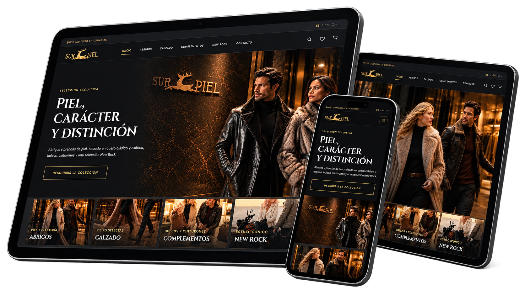 SUR PIEL responsive website shown on desktop, tablet and mobile devices
